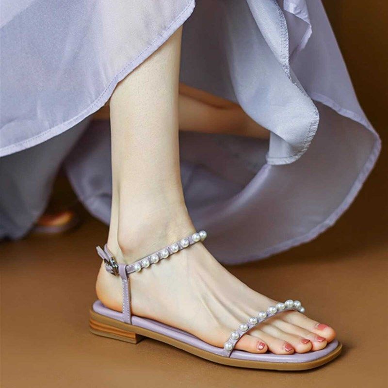 夏季外穿珍珠一字带凉鞋女2024年新款真皮网红仙女风软底平底女鞋,女鞋,一字带凉鞋,淘宝优惠券,粉丝福利购,淘宝优惠卷