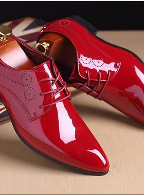 37-48码 特大码47结婚尖头皮鞋男红色漆皮白色亮皮新郎影楼拍照鞋