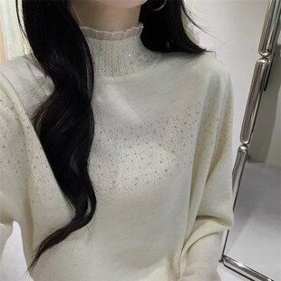 欧货半高领蕾丝打底l衫女秋冬季2024新款妈妈套头宽松镶钻内倒毛