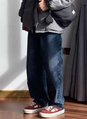 X1617 日系百搭潮流宽松休闲直筒裤H舒适阔腿长裤水洗蓝色牛仔裤