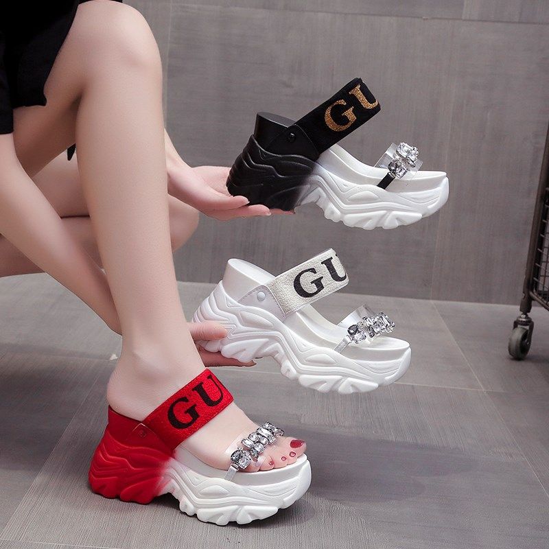 透明水钻10cm坡跟内增高运动凉拖鞋女夏季新款仙女风厚底松糕拖鞋,女鞋,一字拖,淘宝优惠券,粉丝福利购,淘宝优惠卷