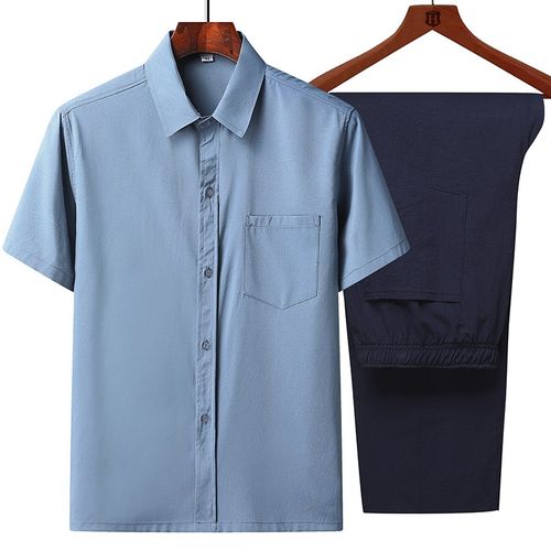 爸爸装短袖衬衫中老年p男士老人夏装冰丝套装休闲唐装老爷爷的衣