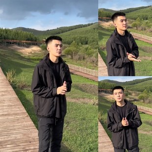 连帽外套男潮牌户外薄棉服黑色拉链机能冲锋衣潮 韩版 秋冬新款 时尚