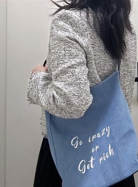 发疯青年复古蓝色牛仔包水桶包蓝色包通勤包202R5新款单肩包斜挎