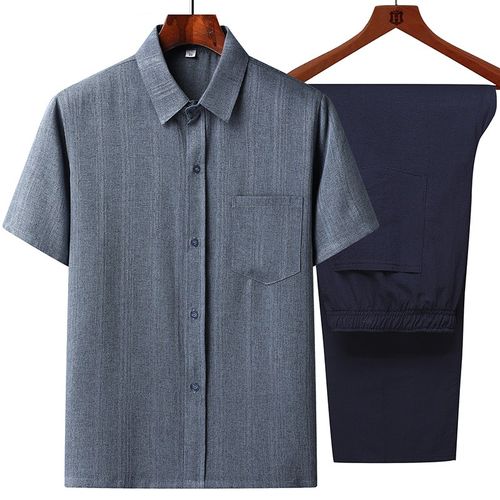 爸爸装短袖衬衫中老年男士老人夏A装棉麻套装中式休闲唐装爷爷衣