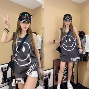 宽松背心港味无袖 美式 套头砍袖 2300斤胖wmm夏季 T恤女 复古加大码