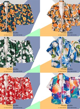 泰式花衬衫短裤套装男夏威夷沙滩短袖衬衣情侣装2R025新款夏装外