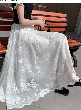 后妈裙蕾丝半身裙女2025新款夏季薄款高腰显瘦高级a字Z中长网纱裙