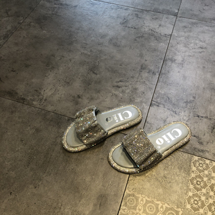 仙女气质裙边水F钻百搭软皮面舒适平底凉拖 时尚 拖鞋 女夏外穿韩版