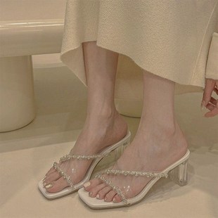 仙Z女风凉鞋 高跟拖鞋 配裙子粗跟水晶绝美法式 外穿2024新款 女夏季