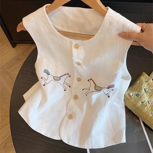 老钱风马 高级感气质百搭短款 白色刺绣无d袖 坎肩背心上衣女夏新款