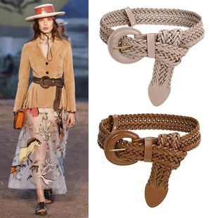 时尚 饰大衣外套裙子收Z腰百搭腰 免打孔编织腰带女潮真皮宽皮带装