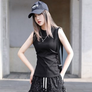 女款 T恤砍袖 外穿背心黑色显瘦修身 高级感O圆领无袖 上衣 打底衫 夏季
