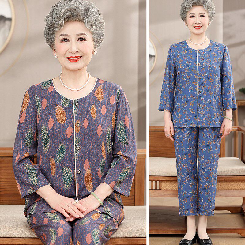 中老年女装夏棉j绸奶奶装夏季套装妈妈装新款大码开衫老人衣服太