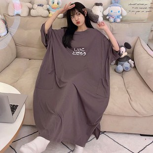 胖mm2 超长款 宽松加肥大码 短袖 30P0斤孕妇睡衣裙到脚踝 睡裙女夏季