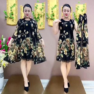 砍袖 女士夏中长B款 背心打底裙外套披肩两件 牡丹花连衣裙套装 时尚