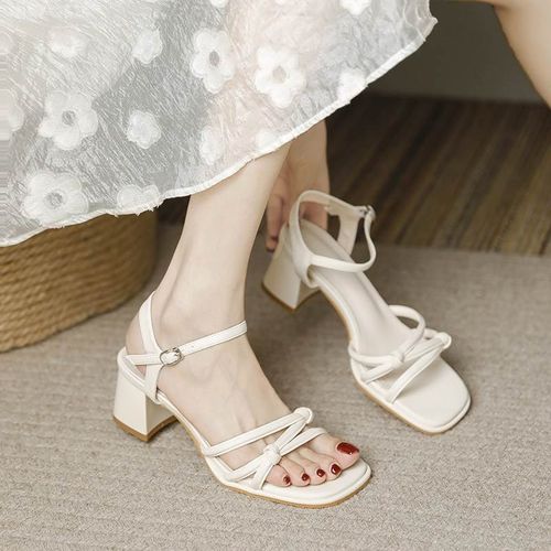 2025新款夏季粗跟方头露趾简约法式高跟鞋配裙子仙女X风外穿凉鞋