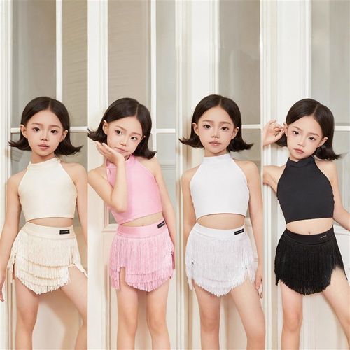 春季新款舞服女童拉丁舞服练功服系带上衣流苏S半身裙套装演出服