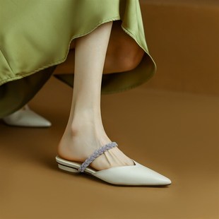 40尖头优雅凉鞋 女外穿33 子 m平底水钻包头半拖鞋 2023夏真皮法式