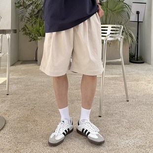 日常百搭五分裤 2025新款 子宽松简约纯 j男生夏季 米白褶皱休闲短裤