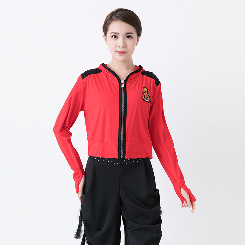 水兵舞服装女夏季l红色拉链帽衫防晒服广场舞新款演出服黑长袖上