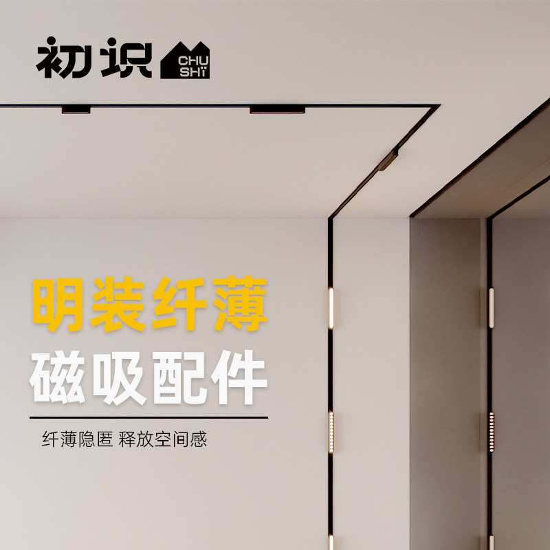 初识灯饰超薄明装磁吸轨道灯配件家用客厅无主灯极窄白色轨道射灯图片