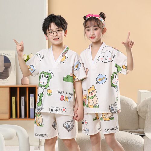 儿童纯棉汗蒸服女童男童卡通全棉宝宝浴服大O童小童孩子睡衣家居