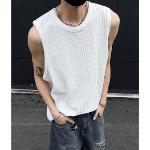 T恤内搭打底 无V袖 肌理感坎肩冰丝背心男夏季 潮流宽松运动健身砍袖