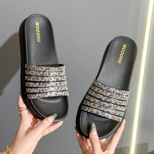 拖鞋女夏季仙女风时m尚豹纹水钻厚底一字拖海边沙滩简约凉拖配裙