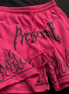 玫红色短裤男f2024新款美式重磅毛圈运动裤夏季红色篮球宽松休闲