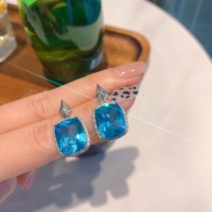 小清新彩宝款耳钉仿真托帕蓝长方12*14钉耳饰
