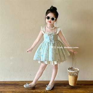 公主裙度 女孩甜美花边领小飞袖 女童碎花吊带连衣裙2n025夏季 新款