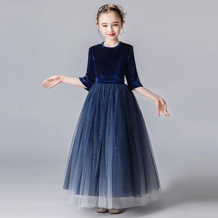 女童礼服春夏高端蓝色中袖丝绒连衣裙子女孩生日公主裙钢琴演出服