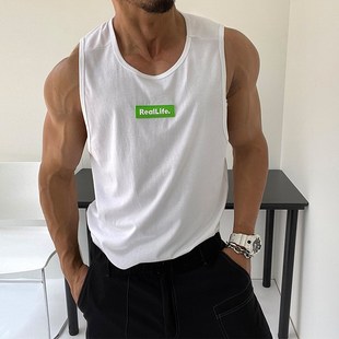 清爽配色纯棉好面料修身 T恤肌肉男健身 简约全棉背L心无袖