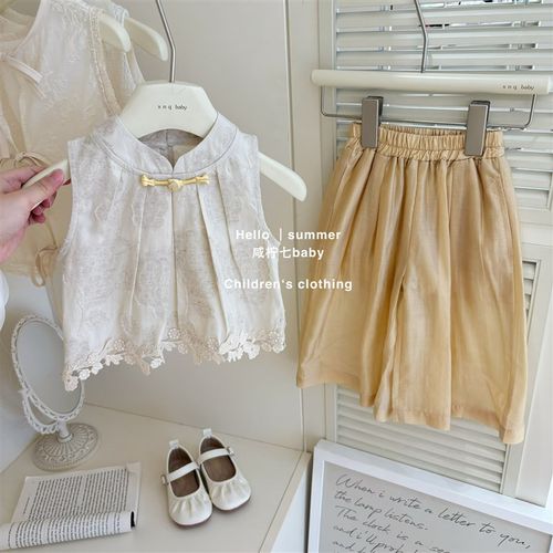 【咸柠七】f女童新中式国风套装夏季儿童旗袍上衣阔腿裤两件套