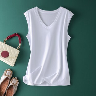 N宽肩宽松V领高端打底 砍袖 80支双面丝光棉背心无袖 上衣t恤女夏季