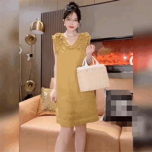 女 花朵丝麻洋装 丝麻V领裙子褶皱拼接砍袖 背心裙A字裙减龄感法S式