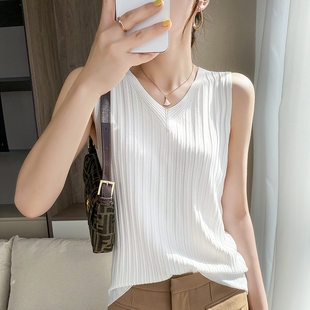 上衣K针织打底T恤吊带衫 短款 外穿 修身 冰丝吊带背心女内搭V领无袖