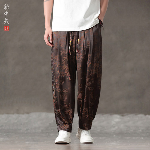 中国风夏季薄款冰丝暗纹宽松休闲裤男士大码透气阔腿裤抗皱哈伦裤