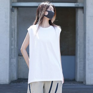 无袖 纯色白色中长款 T恤打底坎肩上衣 背心女夏u季 宽松休闲外穿砍袖
