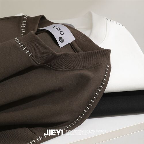 JIEYI 290克重磅潮流短袖T恤衫休闲男生简约缉明线设计圆领上衣潮