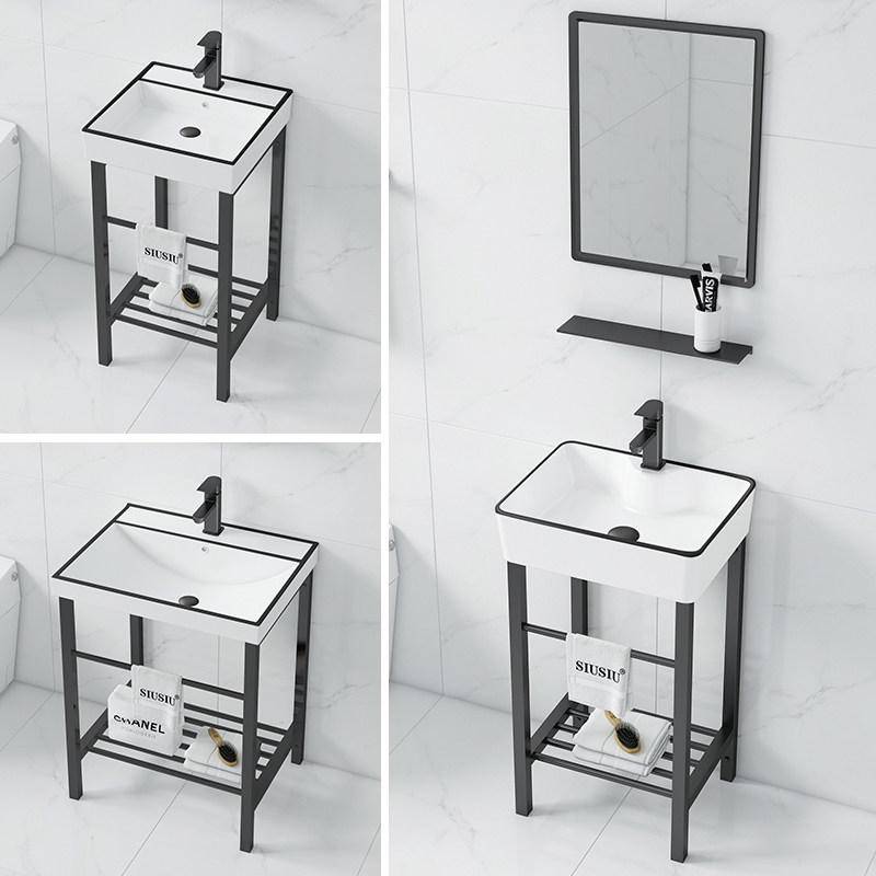 阳台落地式黑边不锈钢支架洗w手盆一体陶瓷卫生间洗脸盆简约洗漱