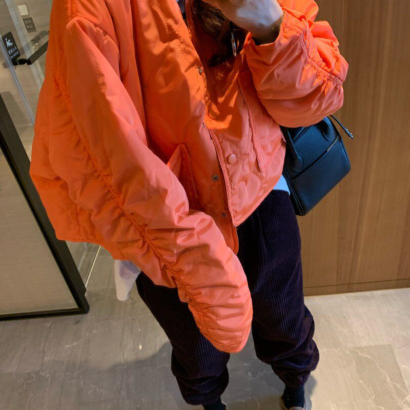 现货韩国2021秋冬新款女装橙色短款薄款洋气军绿色棉服棉衣外套