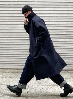 行走的大叔春f秋巴尔马肯大衣韩版宽松长款过膝风衣外套男生高级