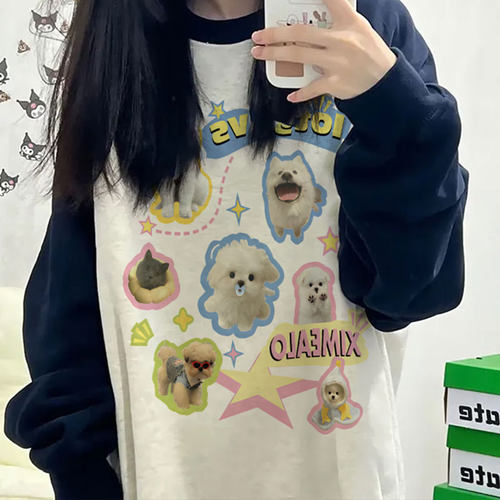 美式复古春秋冬季新款p加绒加厚拼接厚T恤女宽松撞色插肩长袖外套