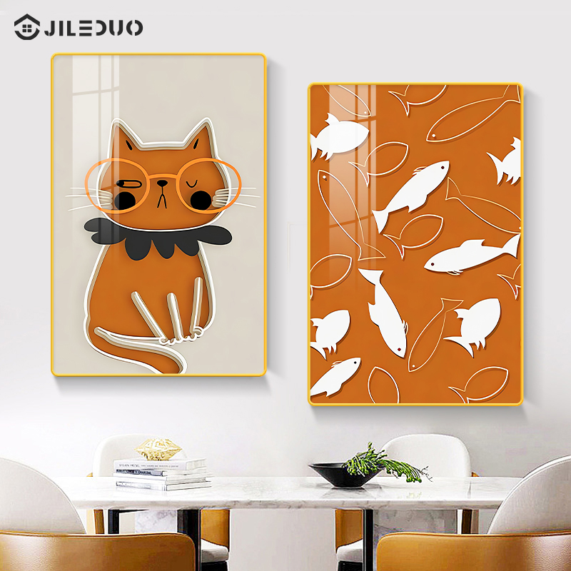 餐厅装饰画猫咪现代简约轻奢饭厅挂画歺厅壁画餐S桌高档晶瓷镶钻图片