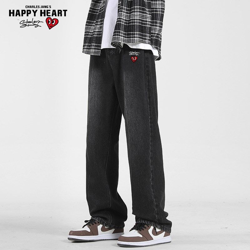 查尔斯桃心 美式水洗牛仔裤男2024新款L爱心印花宽松直筒耐磨长裤