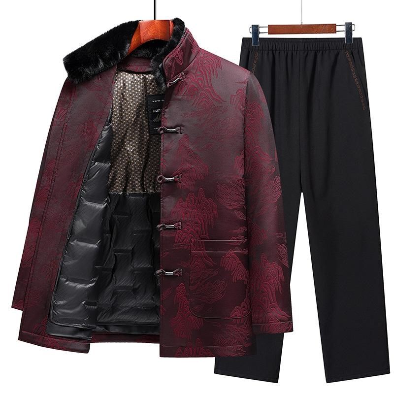 冬季唐装b男中老年可脱卸羽绒服棉衣外套中国风套装棉袄爷爷装棉