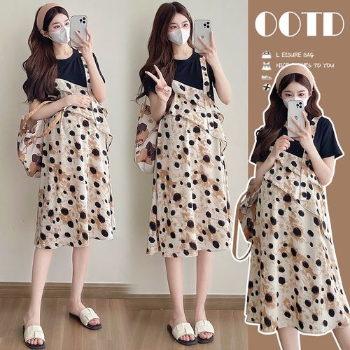 孕妇装夏装宽松显瘦A字裙拼接短袖假两件波点孕妇连衣裙