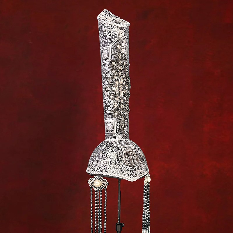 蒙古女士灰色流苏高筒帽子内蒙古民族舞蹈演出高端婚礼走秀头饰品